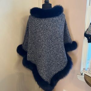 La Fiorentina Tweed Poncho with Fox Fur Trim in Navy